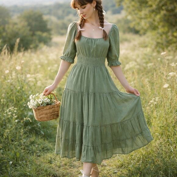 Trixxi Dresses & Skirts - Trixxi Milkmaid Prairie Dress Sz L Sage Cottagecore Tiered Romantic Midi Boho